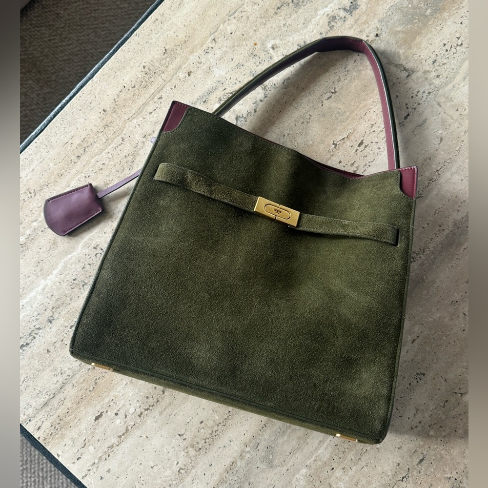 Tory Burch Lee Radziwill Green Suede Double Handbag - Picture 5 of 6